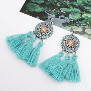 Teal Western Tribal Tassel Dangling Earrings